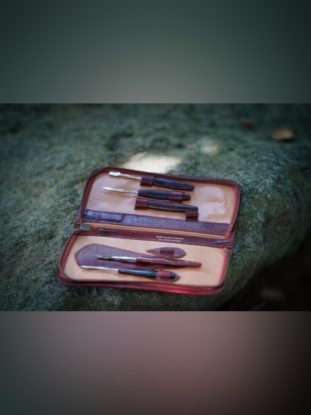 Vintage West German Leather Manicure Set - Top Grain Cowhide Zipper Case
